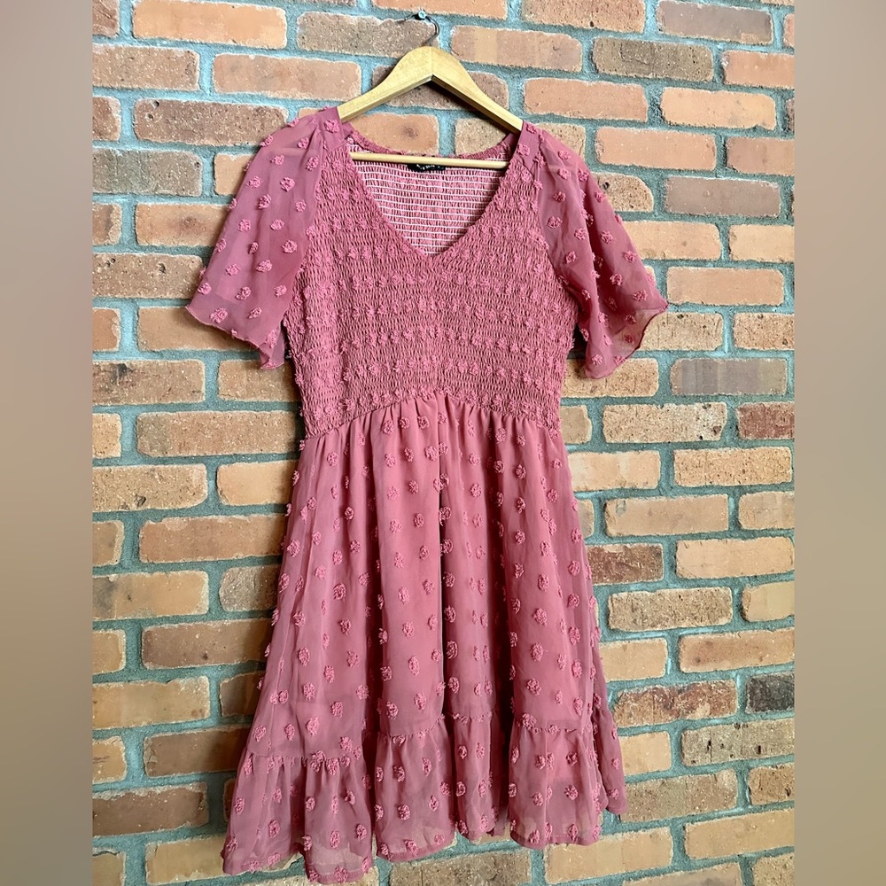 BTFBM Women’s V Neck Smocked Swiss Dot Dress - Medium